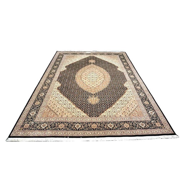 Vintage Sino-Persian Tabriz Mahi Wool 9x12 Black & Ivory Handmade Area Rug #1144253 For Sale - Image 4 of 10