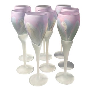 Late 20th Century Art Nouveau Hand Painted Watercolor Frosted Wine Glasses by Reuven - Set of 8 For Sale