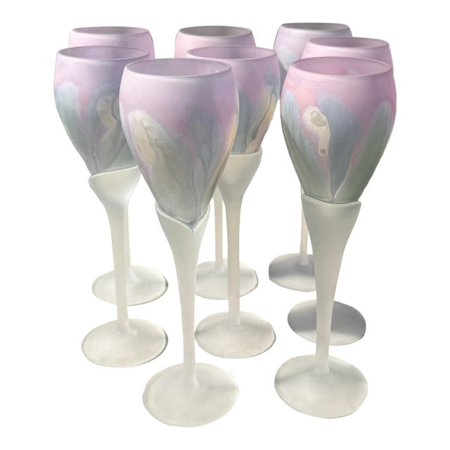 Late 20th Century Art Nouveau Hand Painted Watercolor Frosted Wine Glasses by Reuven - Set of 8 For Sale