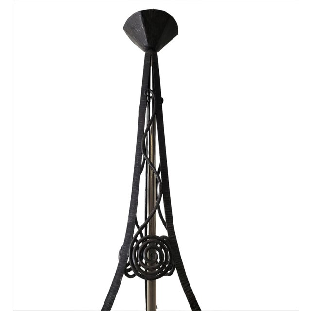 Transparent Early 20th Century French Art Deco Hand Forged Iron + Glass Chandelier With Scroll + Flowers by Verrerie Des Hanots For Sale - Image 8 of 12