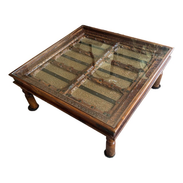 19th Century Reclaimed Indian Door Coffee Table | Hand-Carved Sheesham & Embossed Brass For Sale