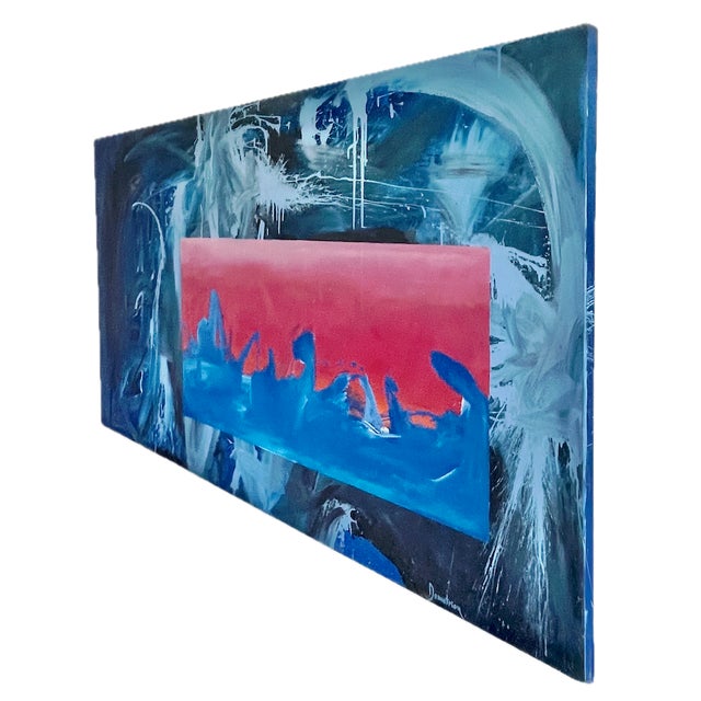 Vintage large signed ocean blue and red-orange abstract painting titled "Engulfed Ocean Sunset". Depicts abstract swaths...