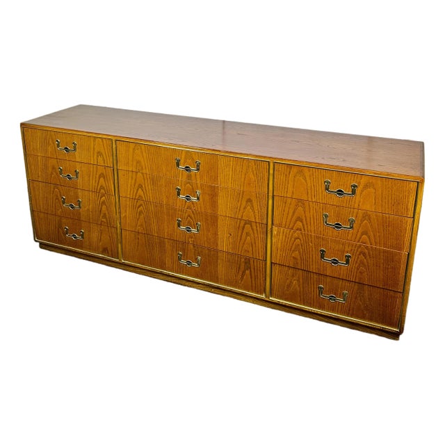 MCM Oak 12 Drawer Campaign Style Low Dresser by Founders For Sale