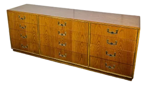 MCM Oak 12 Drawer Campaign Style Low Dresser by Founders