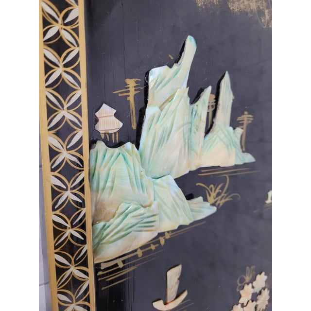 Asian Vintage Asian Hanging Wood & Black Lacquer Framed Wall Art - a Pair For Sale - Image 3 of 8