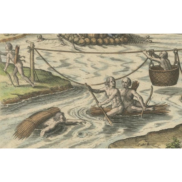 River Crossing by Indigenous People with Rafts and Canoes, 1594, Paper For Sale - Image 5 of 9