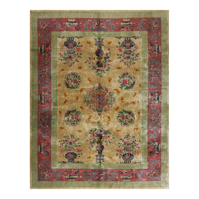 1920s Soft Yellow Field Antique Vase Floral Shou Symbols Chinese Art Deco Rug For Sale