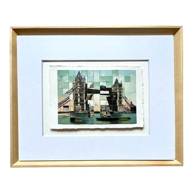Tower Bridge, London - Hand Cut & Woven Vintage Photo Postcards, Framed For Sale