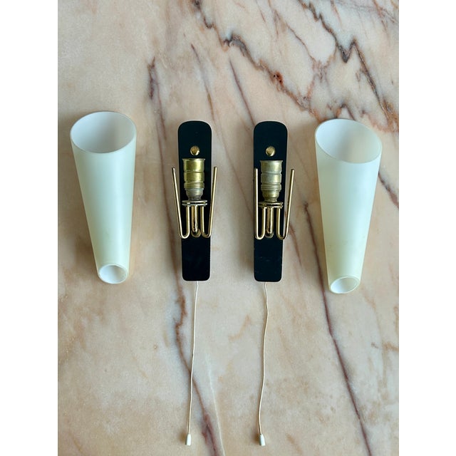 1960s Mid-Century Modern Scandinavian Milk Glass and Brass Wall Lights, Denmark, 1960s, Set of 2 For Sale - Image 5 of 18