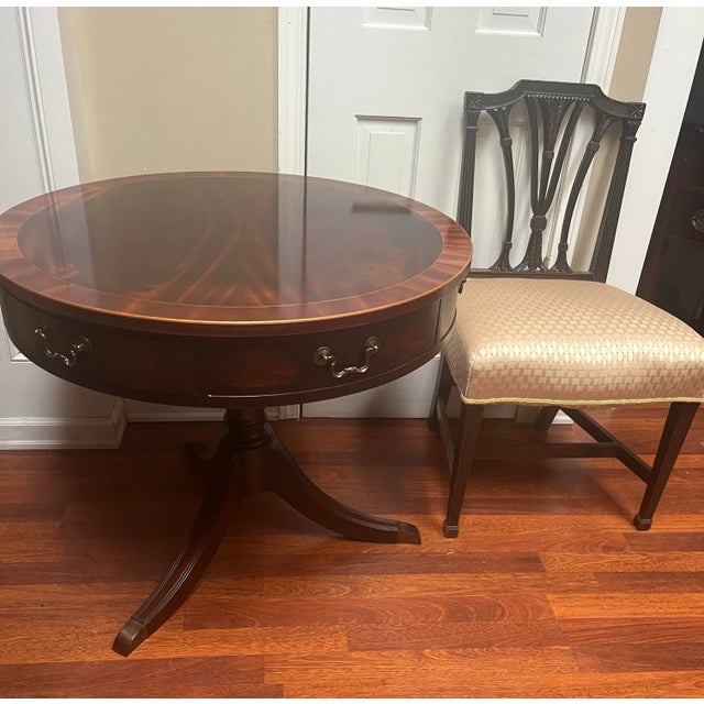 Transitional Baker Inlaid Pedestal Round Drum Table Mahogany Vintage For Sale - Image 3 of 5