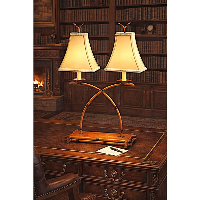 Offering a French Bouillotte style faux bamboo desk or table lamp, circa Late 20th Century. This unique lamp is made of...