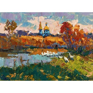 Oil Painting Evening at the Church Pond Oksana Ivanyuk For Sale