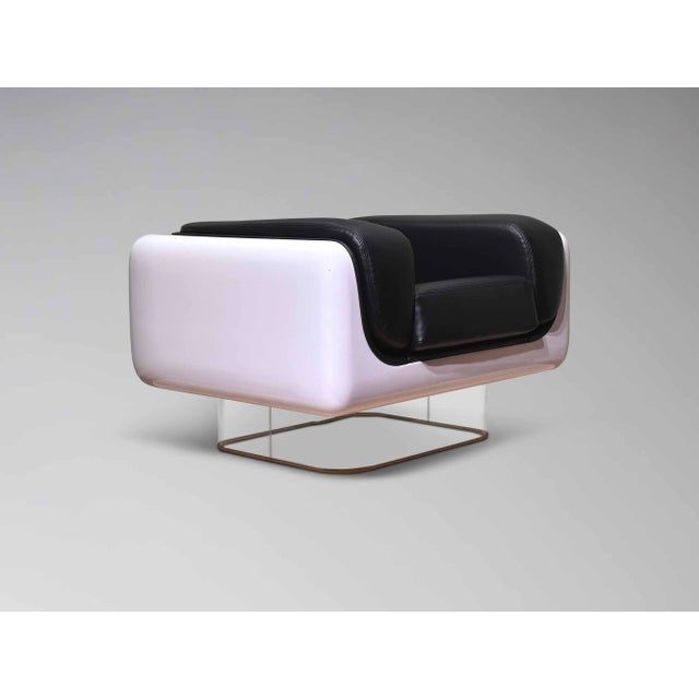 Textile Restored William Andrus Steelcase Fiberglass Lounge Chair Black Leather Lucite Base For Sale - Image 7 of 11