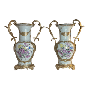 Vintage Ormolu Rococo Ceramic Urns With Floral Motif- A Pair