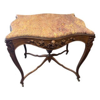 Antique French Louis XV Style Marble Top Carved Walnut Center Side Ta For Sale