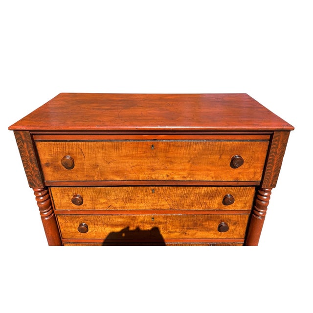 Traditional Antique Federal Tiger Maple Chest of Drawer With Original Red Wash & Grain Paint For Sale - Image 3 of 12