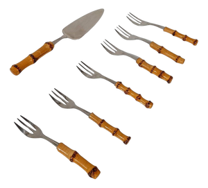 Vintage Dessert Set with Cake Server in Stainless Steel and Bamboo Handles, 1950s, Set of 7