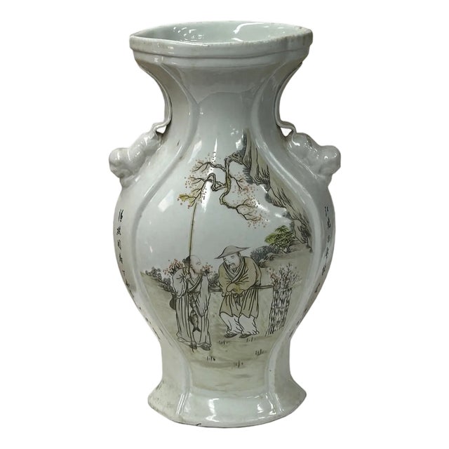 Oriental Flared White People Scenery Graphic Porcelain Art Vase For Sale