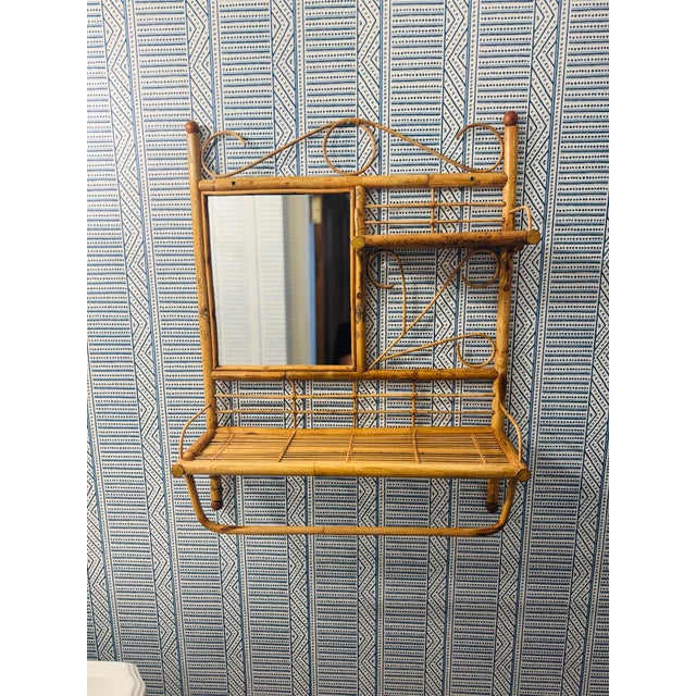Vintage Bamboo Wall Shelf With Mirror and Towel Rack For Sale - Image 9 of 10