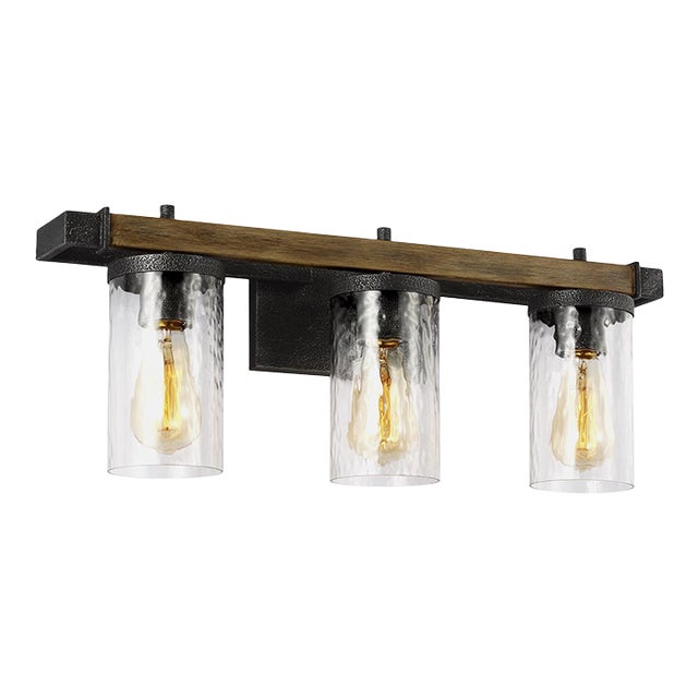 Sean Lavin By Visual Comfort Studio Angelo 3-Light Vanity Fixture in Distressed Weathered Oak / Slate Grey Metal For Sale