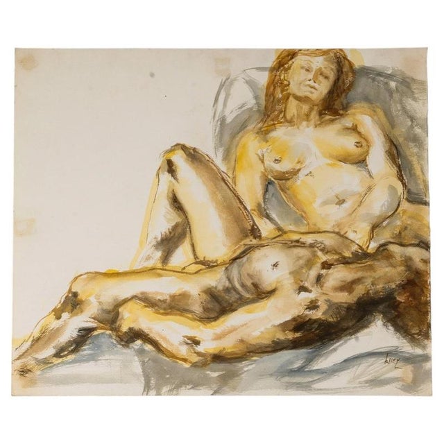 Evelyne Luez, Nude, Depicting Two Reclining Women, 20th Century, Watercolor on Paper For Sale - Image 6 of 6