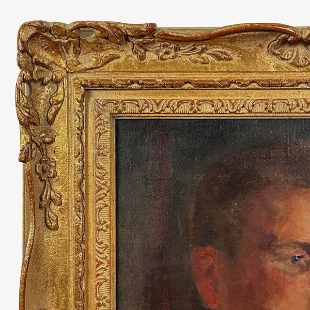 Vintage Modernist Portrait of Man in Carved Gilt Frame, Signed (1947, Oil on Canvas) For Sale - Image 4 of 8