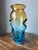 Handblown Glass Vase Murano style Orange and Blue With Glass swirls design on the body 15” height, 6” diameter on top and...
