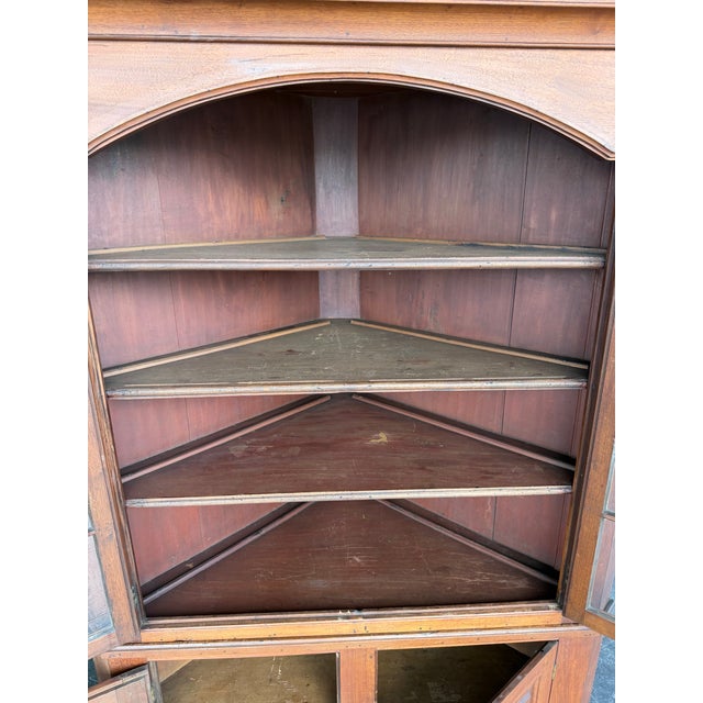Wood Antique Early American Cherry Wood Glass Door Corner Cabinet For Sale - Image 7 of 9