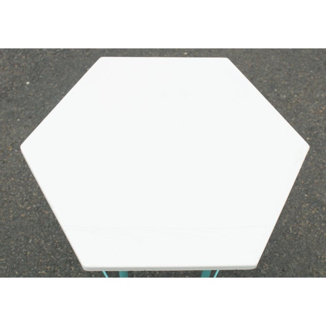 Mid Century Modern Teal Painted Base Hexagon Top Patio Side Table For Sale In Philadelphia - Image 6 of 11