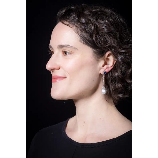 Sapphire, Diamond and Pearl Dangle Earrings For Sale - Image 4 of 4