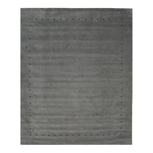 8x10 Gray Hand-Knotted Wool Dotted Border Open Field Solid Modern Carpet Rug For Sale