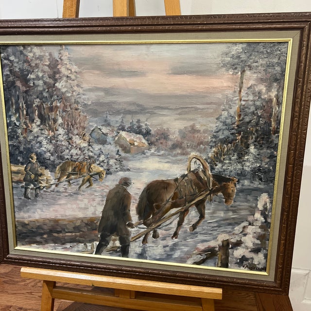 Traditional 20th Century European School Oil on Canvas by Polish Artist Edward Mesjasz (1929-2007) Depicting Winter Horses Hauling Woods For Sale - Image 3 of 12