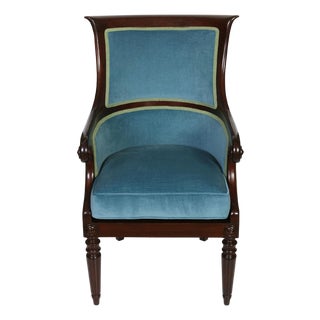English Regency Style Mahogany Library Armchair With New Blue Velvet Upholstery For Sale