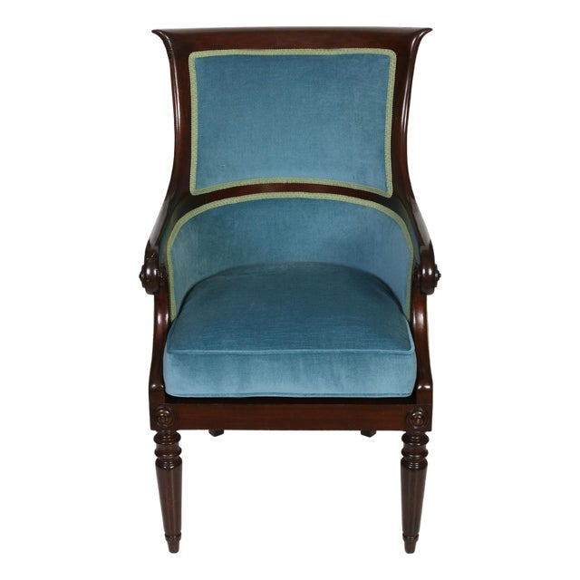 English Regency Style Mahogany Library Armchair With New Blue Velvet Upholstery For Sale