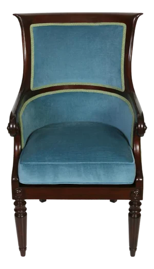 English Regency Style Mahogany Library Armchair With New Blue Velvet Upholstery