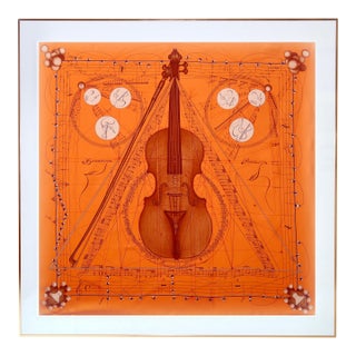 1990s Framed Hermès Silk Scarf "La Musique Des Sphères" by Zoe Pauwels - Orange Gold Frame For Sale