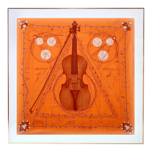 1990s Framed Hermès Silk Scarf "La Musique Des Sphères" by Zoe Pauwels - Orange Gold Frame