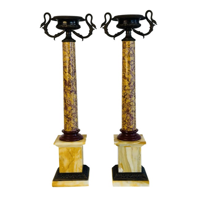 Late 20th Century Italian Marble Candle Pillars With Serpant Metal Accents, a Pair For Sale