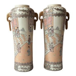 Pair of Antique Chinese Famille Rose Porcelain Vases With Handles – Early Republican Era, Qianlong Mark