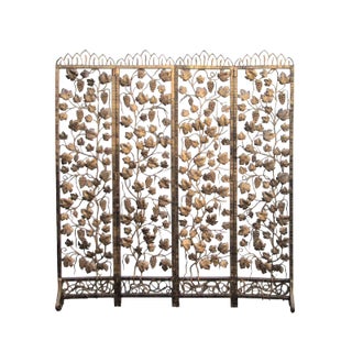 Handmade Golden Color Grape Leave Motif Metal Panel Screen Divider For Sale