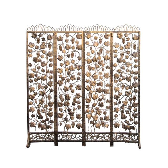 Handmade Golden Color Grape Leave Motif Metal Panel Screen Divider For Sale