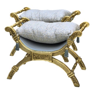 Baroque Style Light Blue Bench Gold Leaf Details For Sale