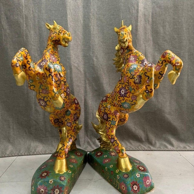Metal Monumental Pair of Vintage Cloisonné Enamel Rearing Horses For Sale - Image 7 of 9