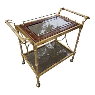 Hollywood Regency Brass & Burl Wood Bar Cart W/ Removable Tray & Tinted Glass For Sale