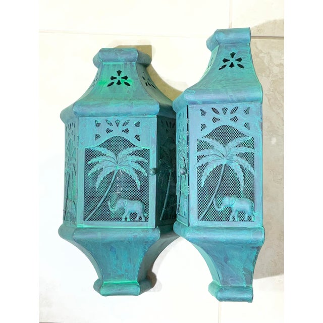 Vintage British Colonial Style Elephant & Palm Tree Wall Sconces - a Pair For Sale - Image 12 of 17
