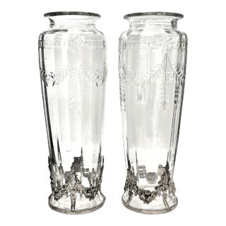 French Crystal Vases With Silverplate Mounts, a Pair For Sale
