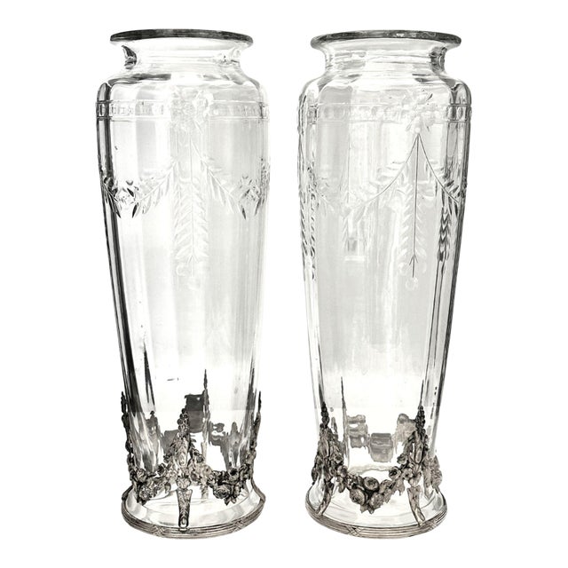French Crystal Vases With Silverplate Mounts, a Pair For Sale