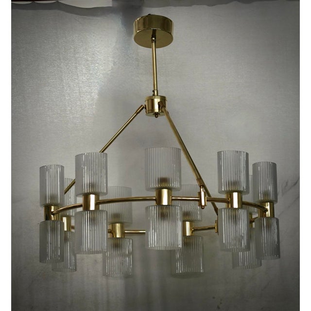 Mid-Century Murano Round Art Glass and Brass Chandeliers and Pendant For Sale - Image 6 of 10