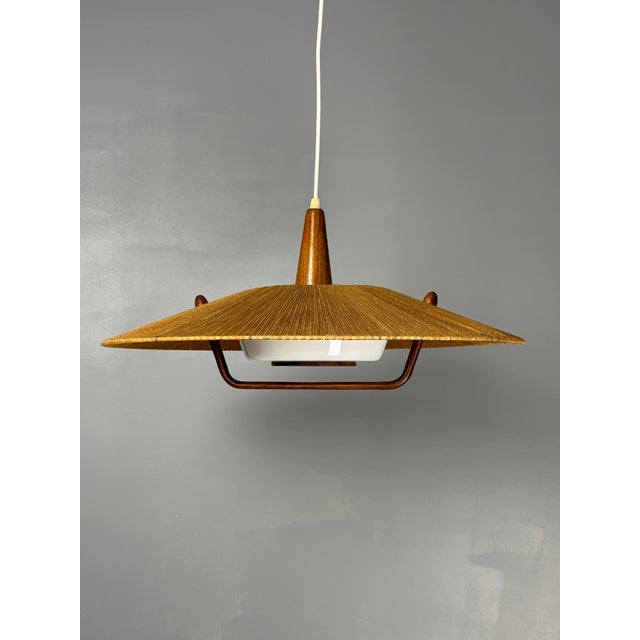 Large Mid-Century Teak and Sisal Cord Pendant from Temde Leuchten, 1960s For Sale - Image 6 of 18