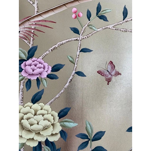 Silver Luxury Hand Painted Champagne Silver Wallpaper With Birds & Floral Branches, Elegant Chinoiserie Botanical Wall Mural, Custom Oriental Wallcovering For Sale - Image 8 of 8